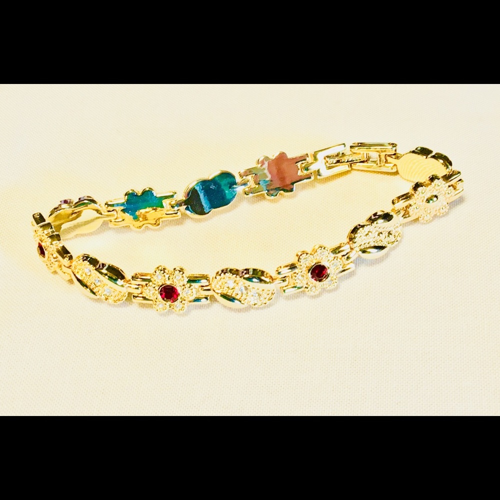 Gold plated flower faux ruby & Rhinestone bracelet